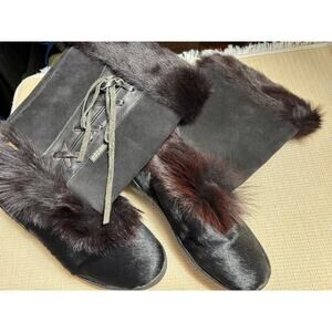 Oscar Sport Alessia Boots Womens 9.5 Black Fur Mid Calf Snow Wedge Winter Italy